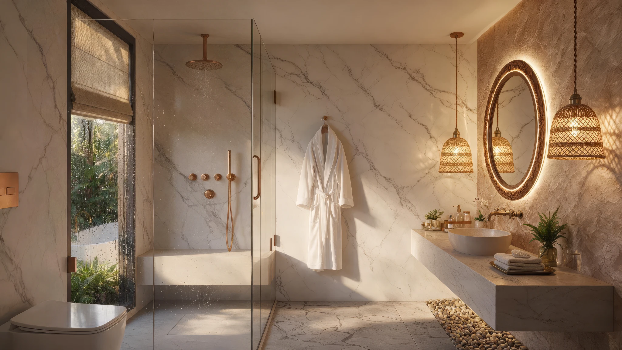 Luxury ensuite bathroom with marble, warm lighting and garden views
