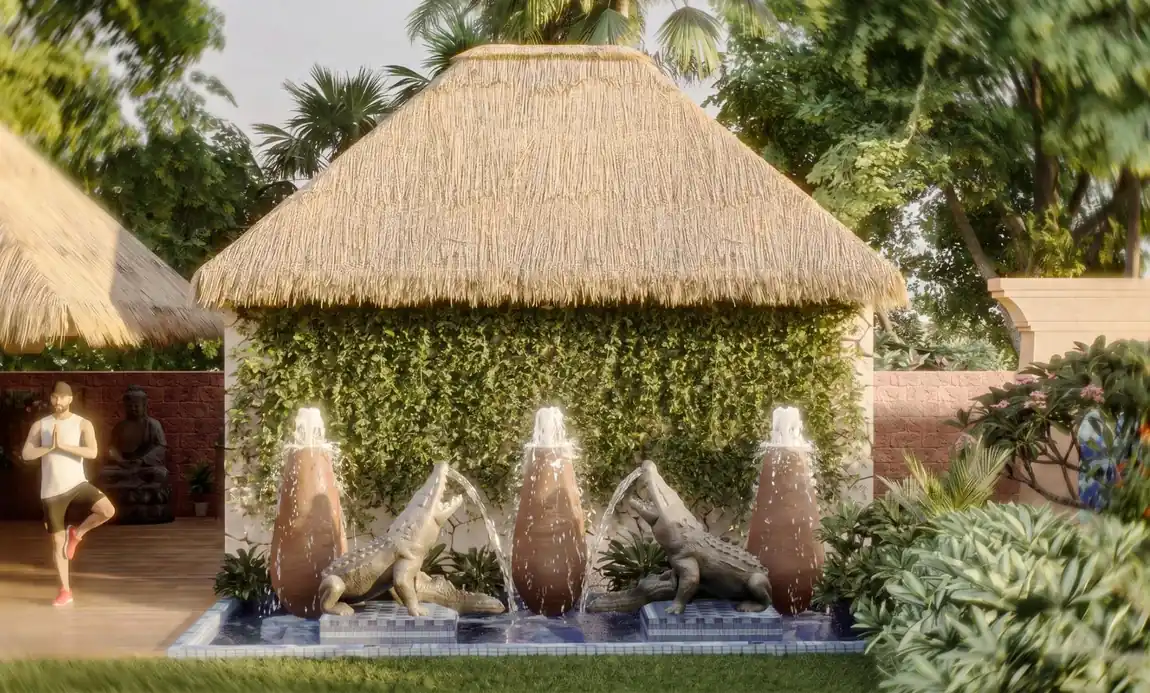 Complete view of the fountain and tropical pavilion