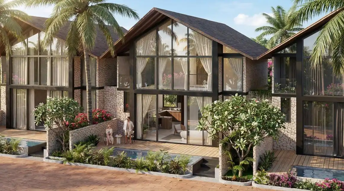 Complete golden-hour view of Samavassaa villas and pools