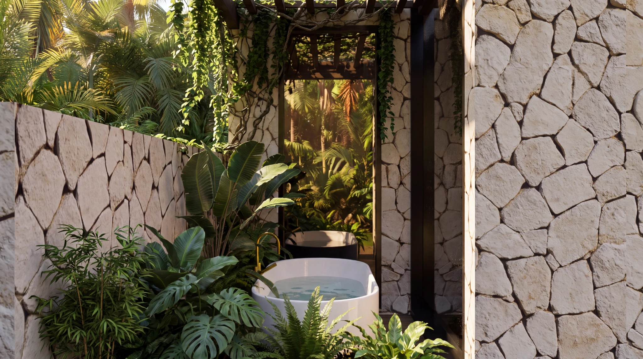 Outdoor bathing area surrounded by tropical planting and natural stone