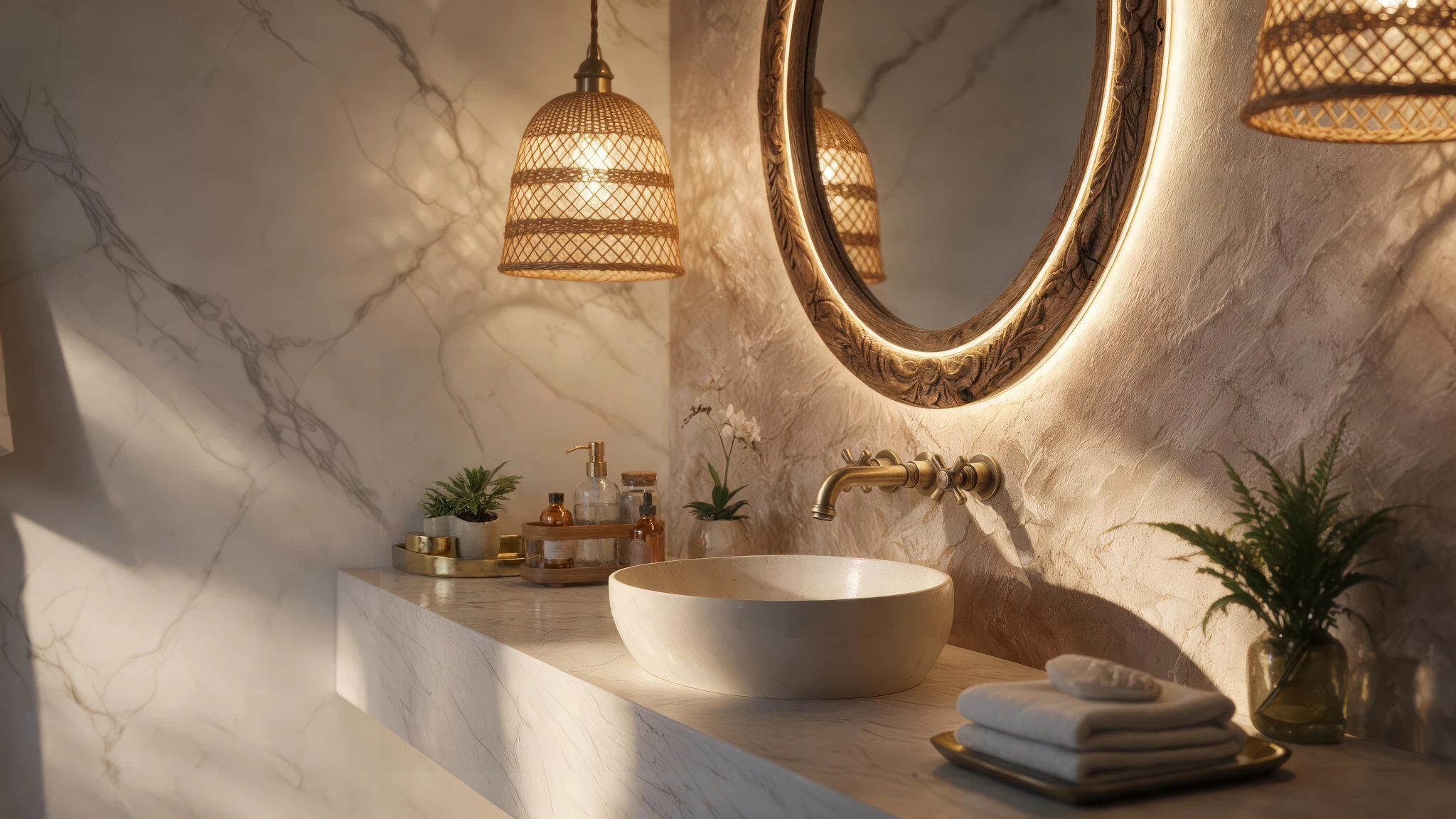 Close detail of a premium vanity with brass fittings and illuminated mirror