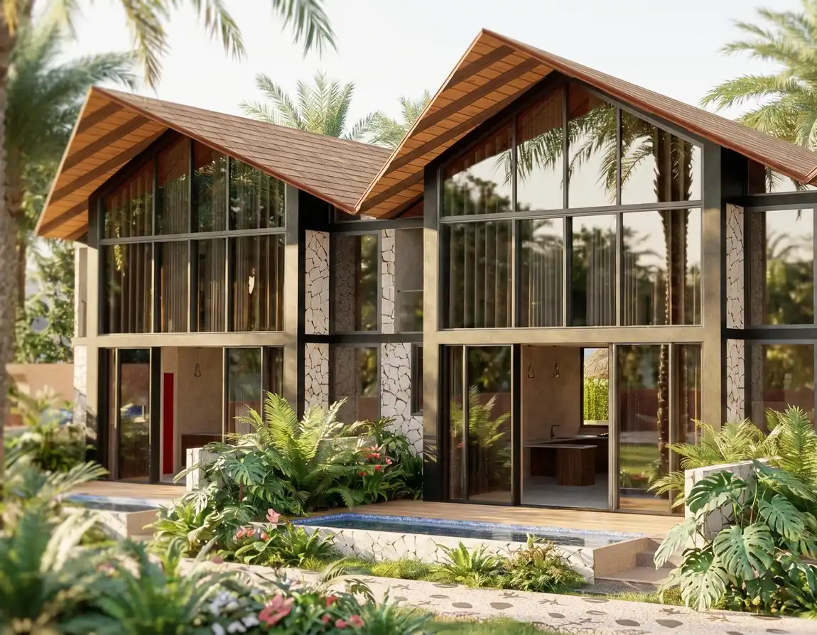 Complete view of twin villa facades and pools